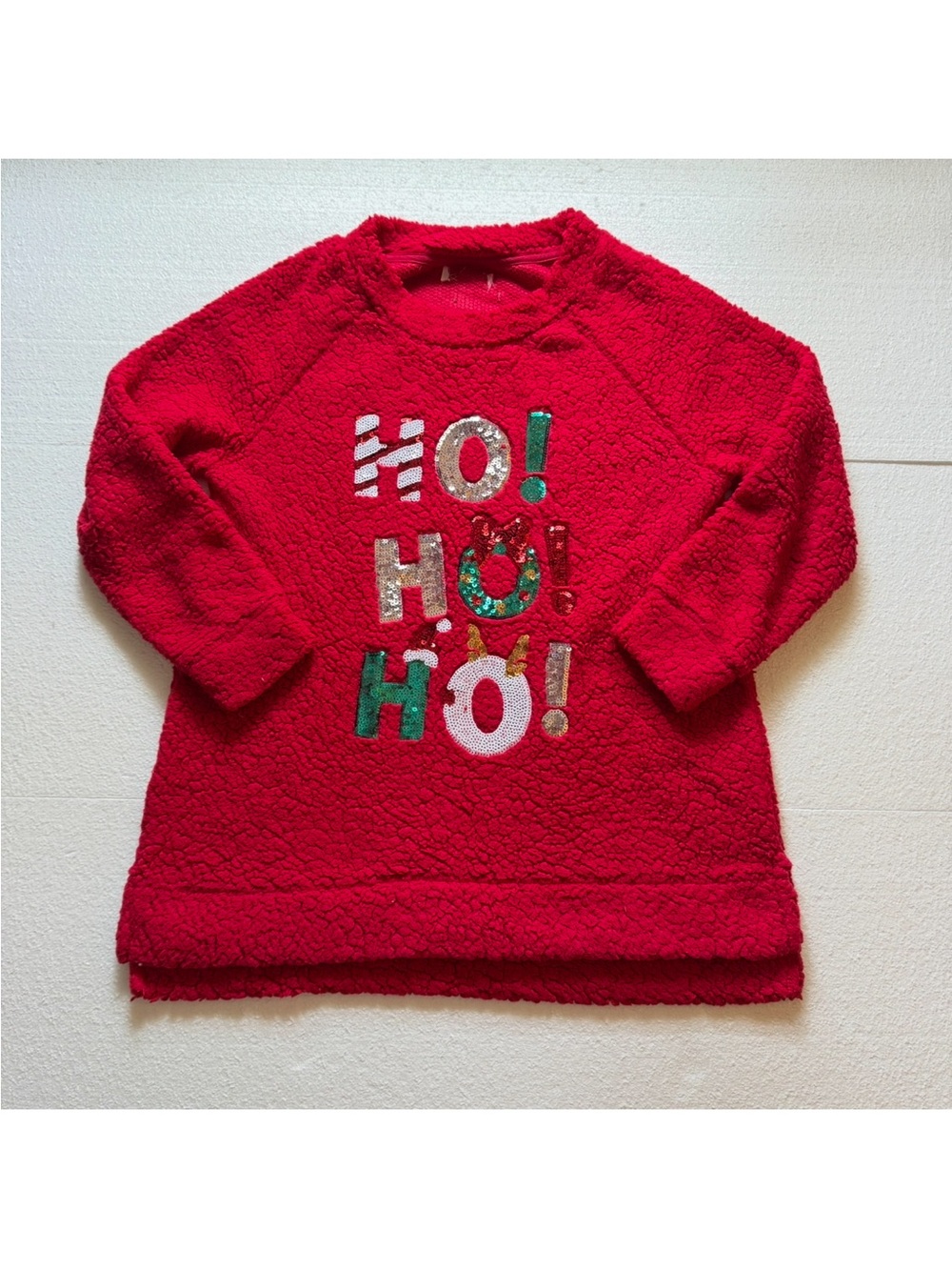 Sequined "Ho Ho Ho" Sherpa Christmas Sweater Women's Large